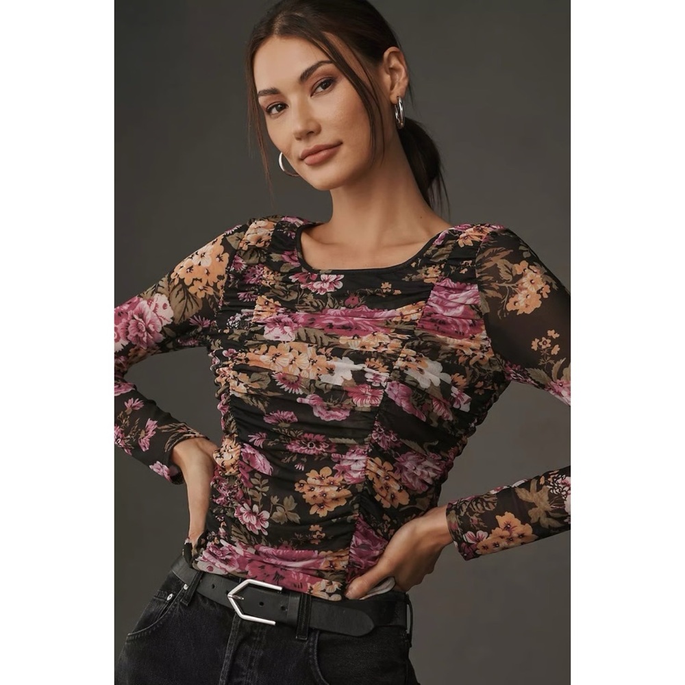 Anthropologie Maeve Long-Sleeve Sheer Ruched Top Floral Brown Purple Mesh Boho